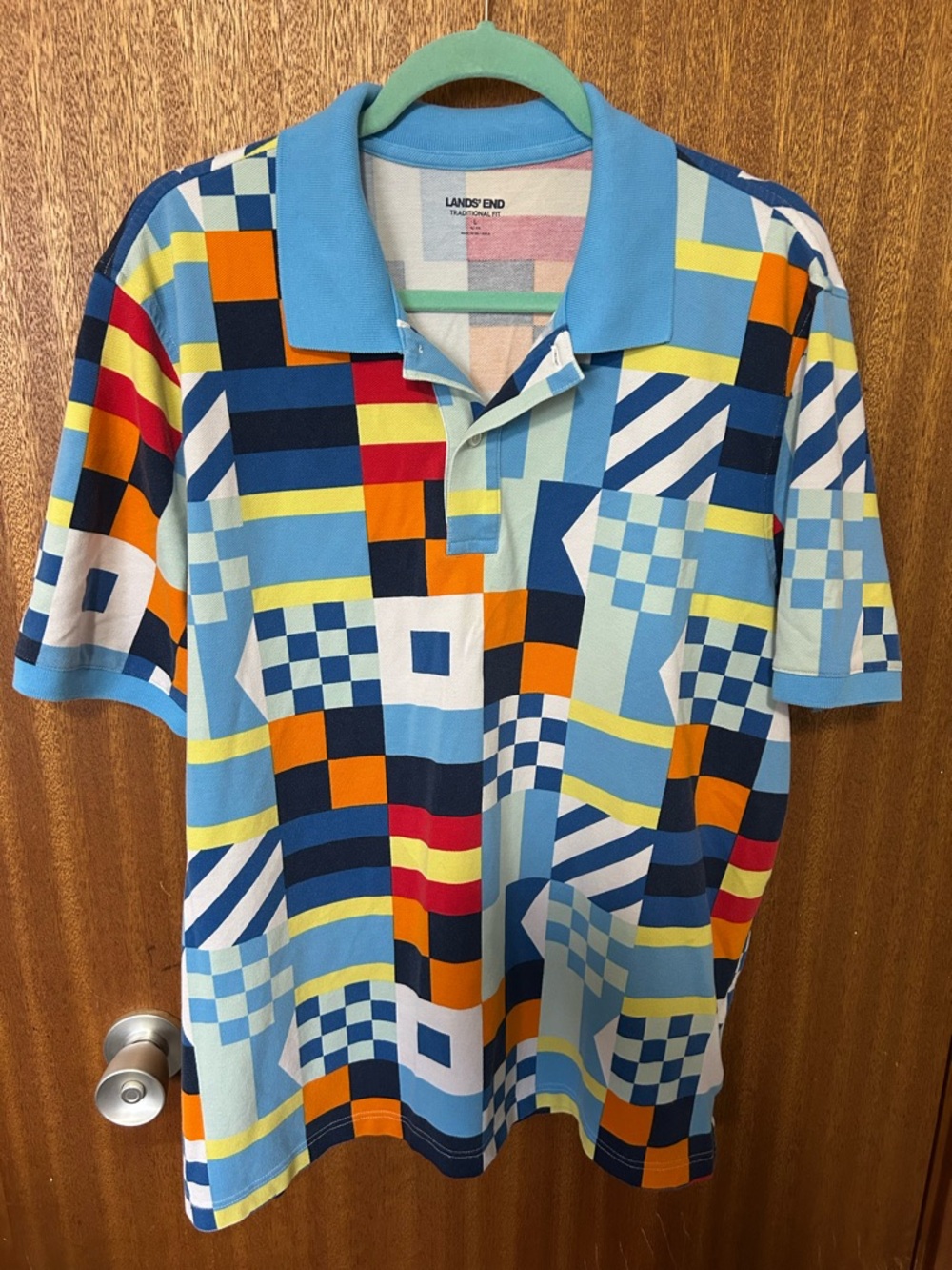 Lands' End Men’s Geo-Print Polo in Light Blue, Navy, Orange & Yellow